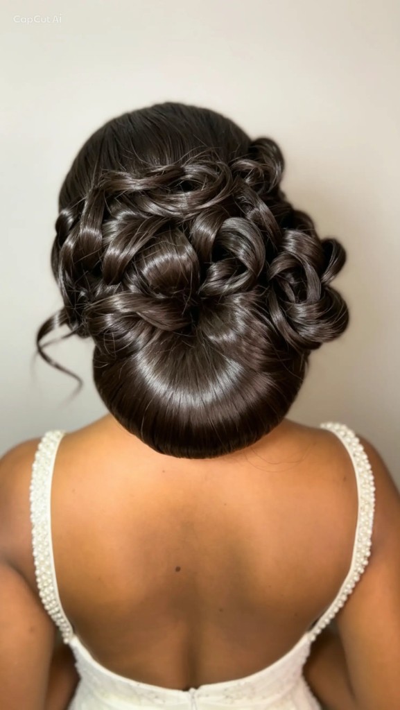 Elegant bridal updo with pearl-embellished gown