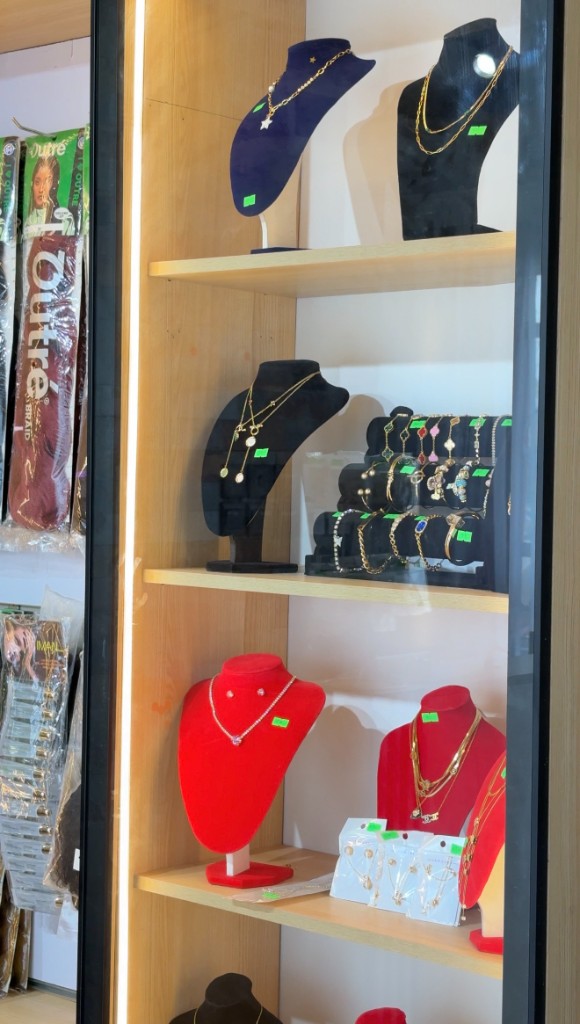 Close-up view of jewelry collection showcase