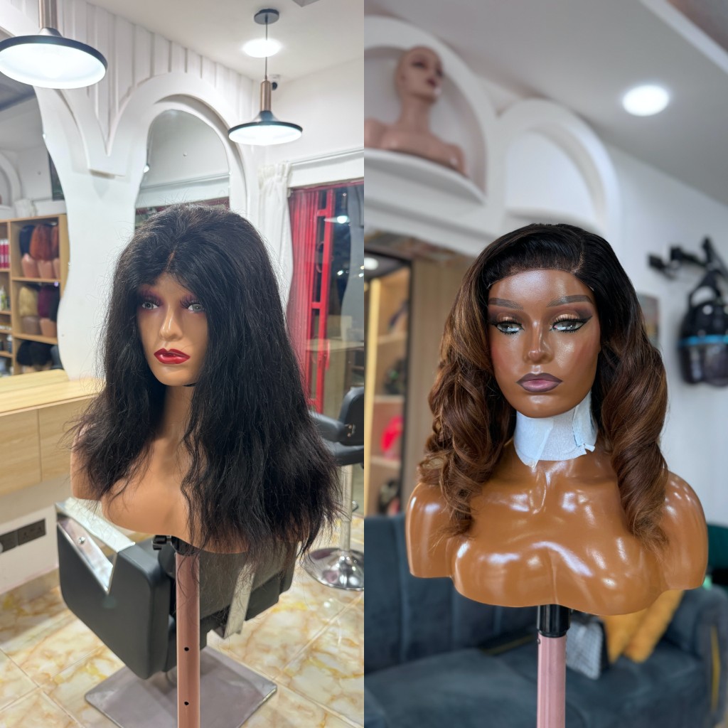 Before and after hair color transformation on a mannequin