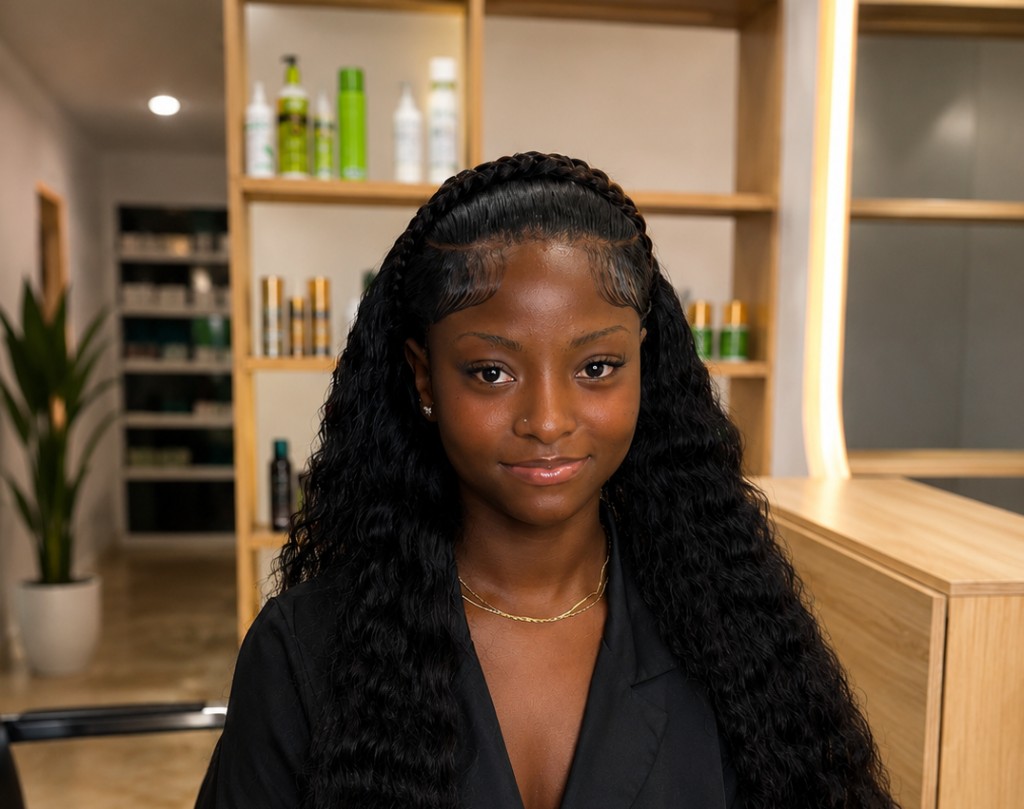Frontal wig install with braided headband in the salon